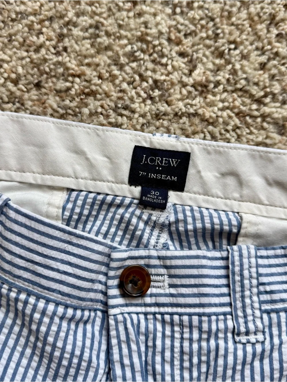J.Crew Mens 30 Seersucker Shorts 7” Inseam Blue White Striped Preppy Chino